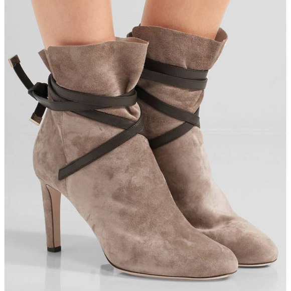 Jimmy Choo Shoes - Jimmy Choo Light Brown Suede Chocolate Ankle Wrap High Heeled Ankle Boots